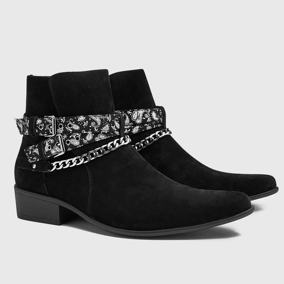 BoohooMan Men’s Size 9 Bandana Chelsea Cowboy Boots Chain Detail Black Suede - Picture 1 of 13
